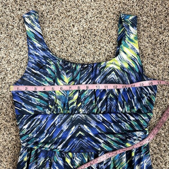 AB Studio Women's L Maxi Dress Navy, Yellow, Blue, Green Chevron Empire Waist - Picture 7 of 11